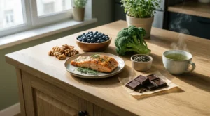 A variety of healthy foods for memory including salmon, blueberries, walnuts, broccoli, and green tea on a wooden kitchen counter.