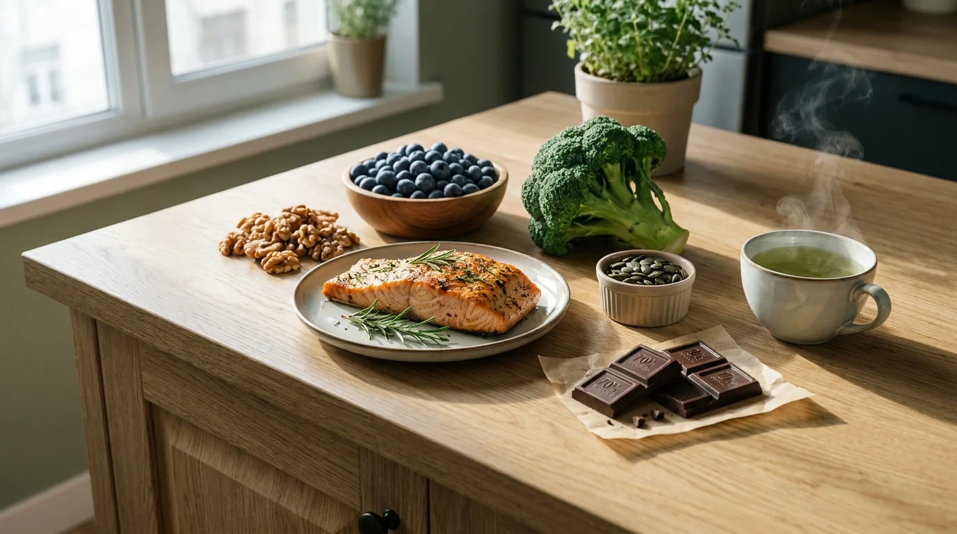 A variety of healthy foods for memory including salmon, blueberries, walnuts, broccoli, and green tea on a wooden kitchen counter.
