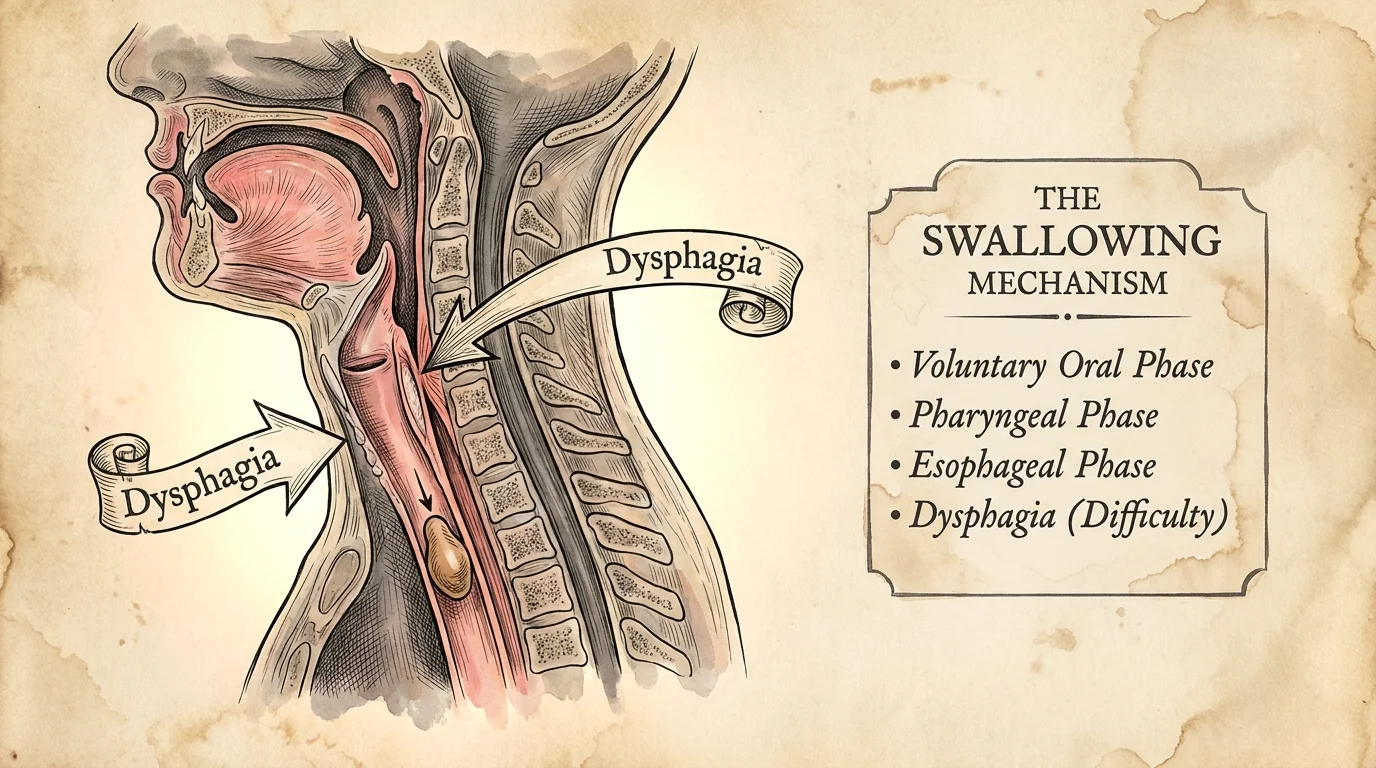 A vintage-style ink and watercolor illustration of the throat anatomy showing the swallowing process.