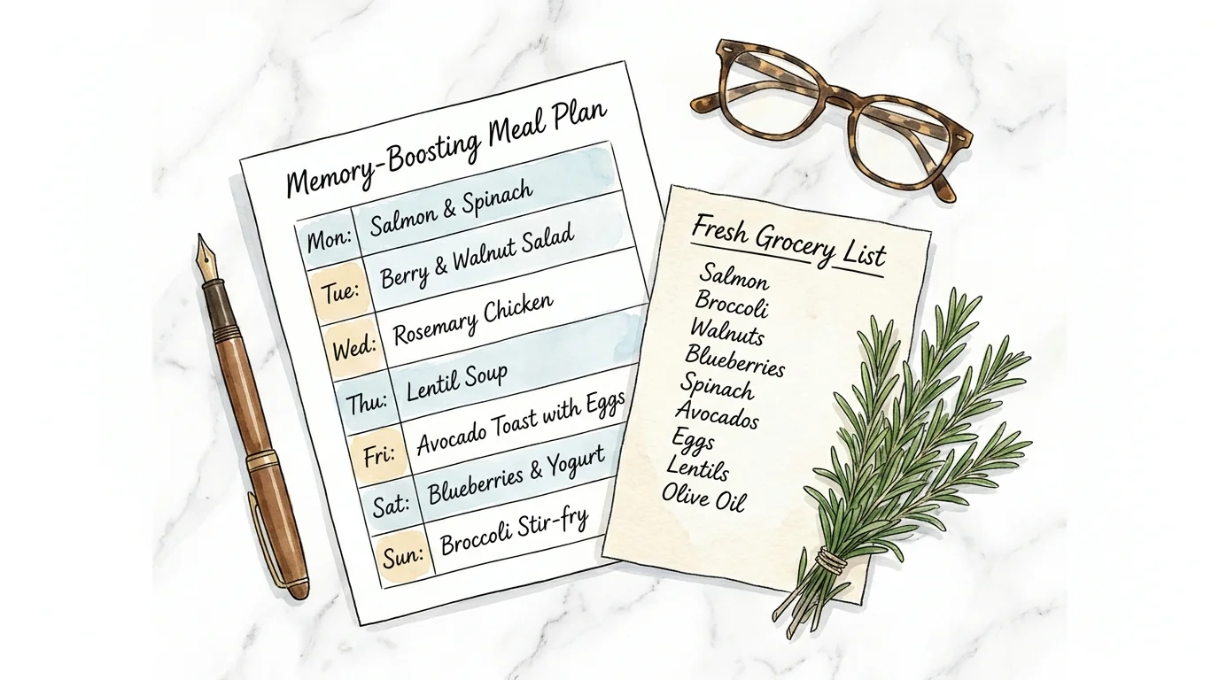 A watercolor illustration of a hand-written meal plan and grocery list including brain-healthy foods.