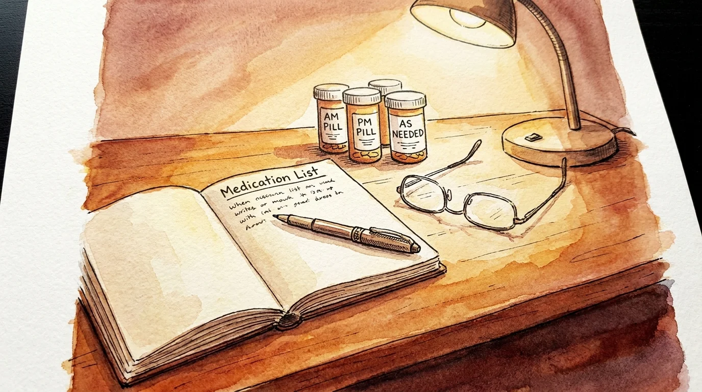 A watercolor illustration of a notebook labeled 'Medication List' next to glasses and medicine bottles.