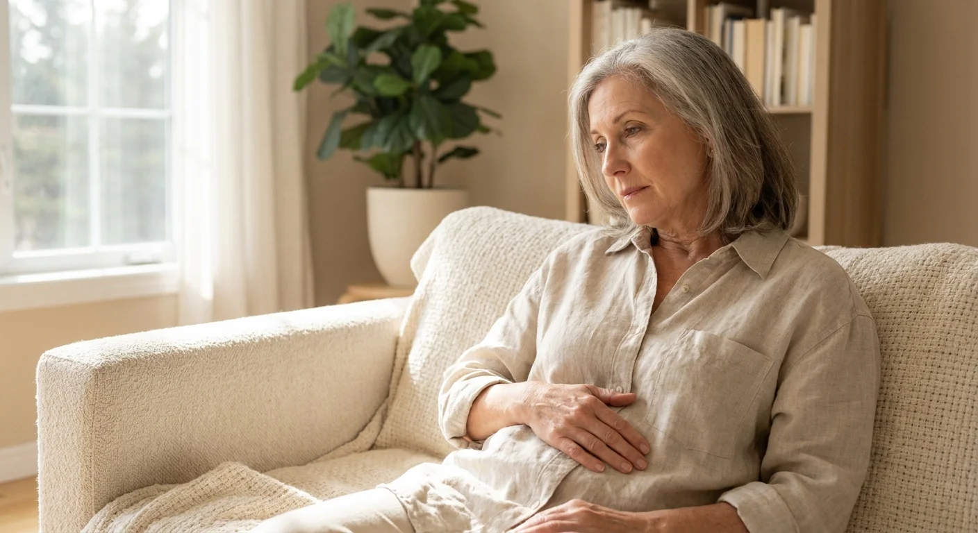 A woman in loose-fitting clothing resting her hand on her stomach while sitting on a sofa.