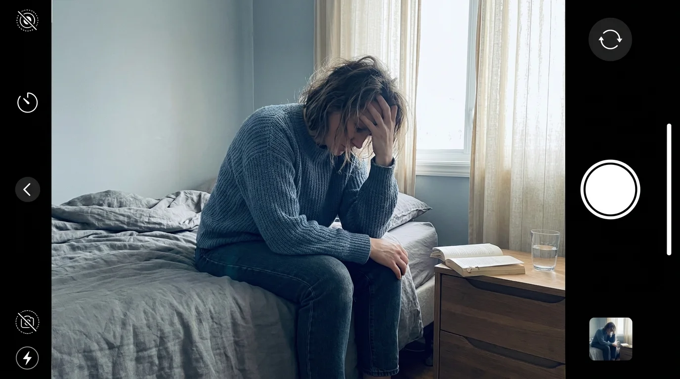 A woman looks exhausted while sitting on her bed during the day, showing persistent fatigue.