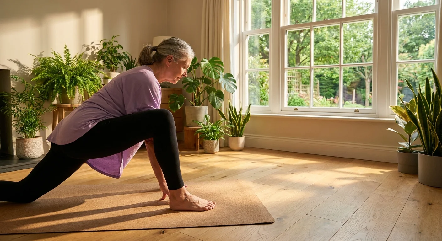 A woman practicing yoga in a sunlit room, focusing on joint mobility and cardiovascular health through movement.