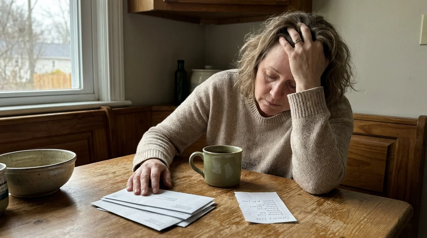 A woman rests her head in her hand at a table with a grocery list, showing signs of profound fatigue.