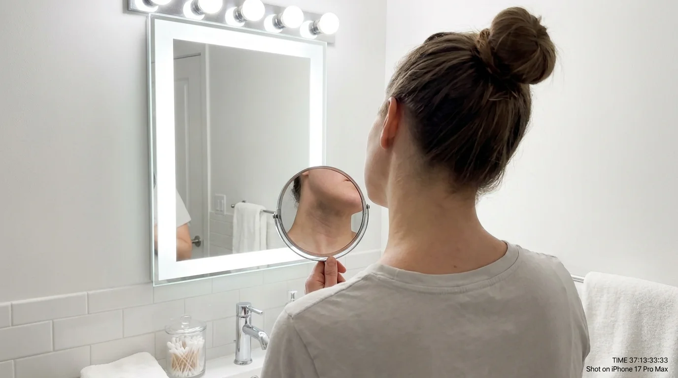 A woman uses a hand mirror to inspect a darkened patch of skin on the back of her neck.
