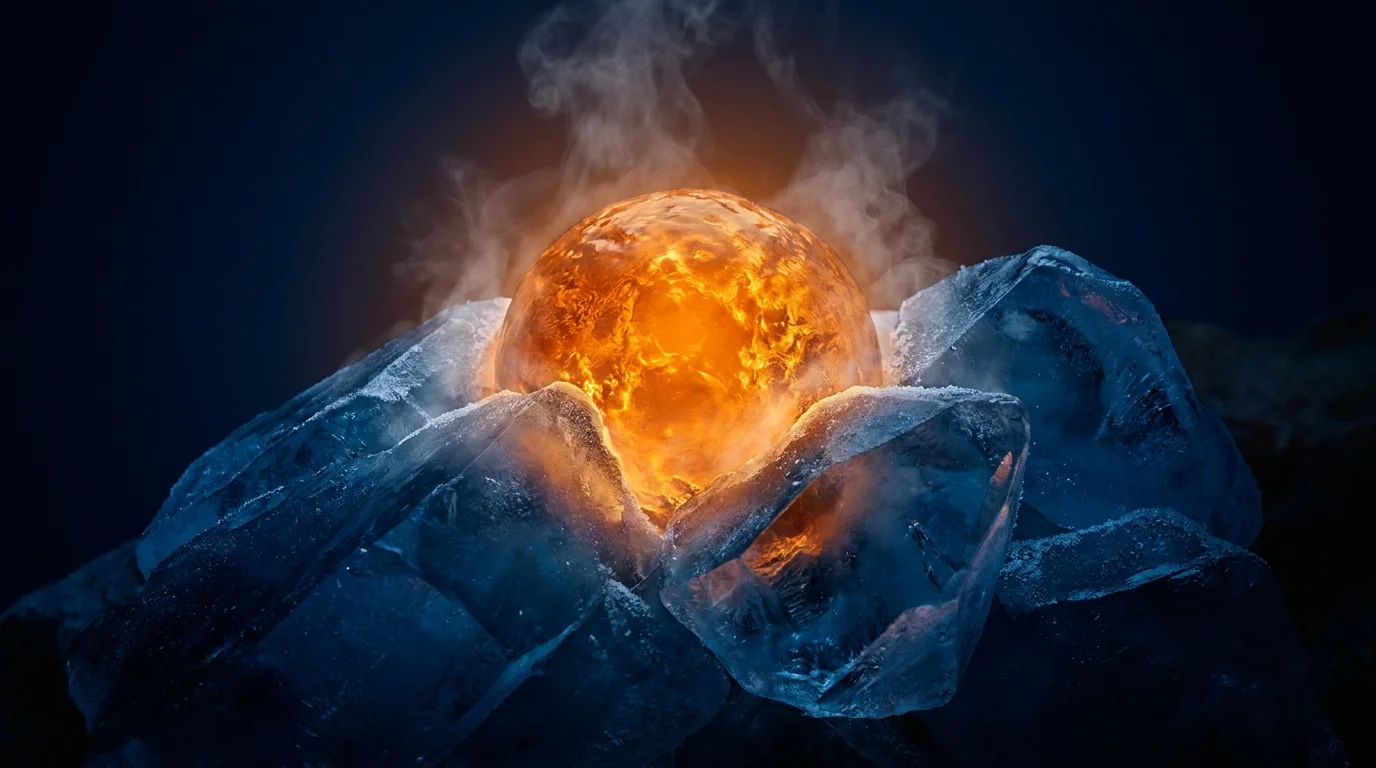 Abstract art showing a glowing orange core being cooled by blue crystals, representing a slowing metabolism.