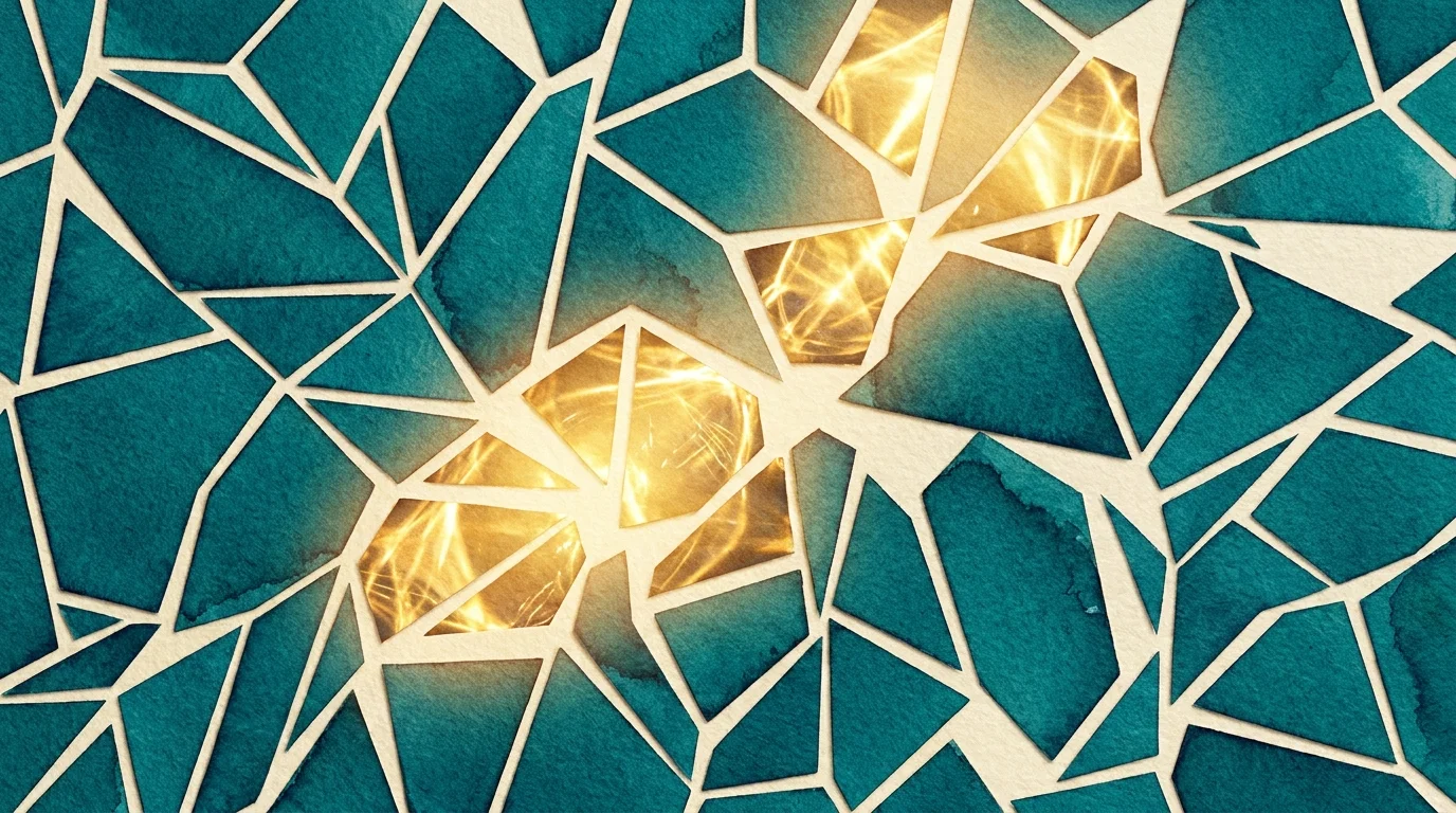 Abstract geometric art of a teal puzzle being filled with golden light, symbolizing cognitive health and protection.
