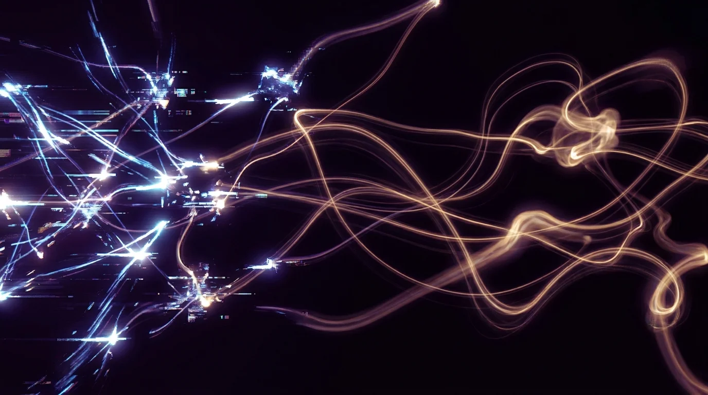Abstract glowing network showing light pathways slowing and becoming more winding, representing cognitive shifts.