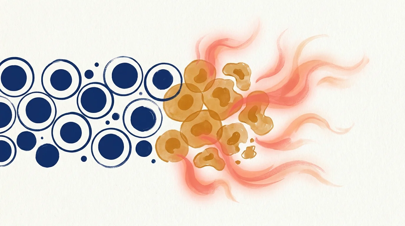 Abstract graphic showing blue circles transitioning into glowing amber shapes, representing cellular aging and inflammation.