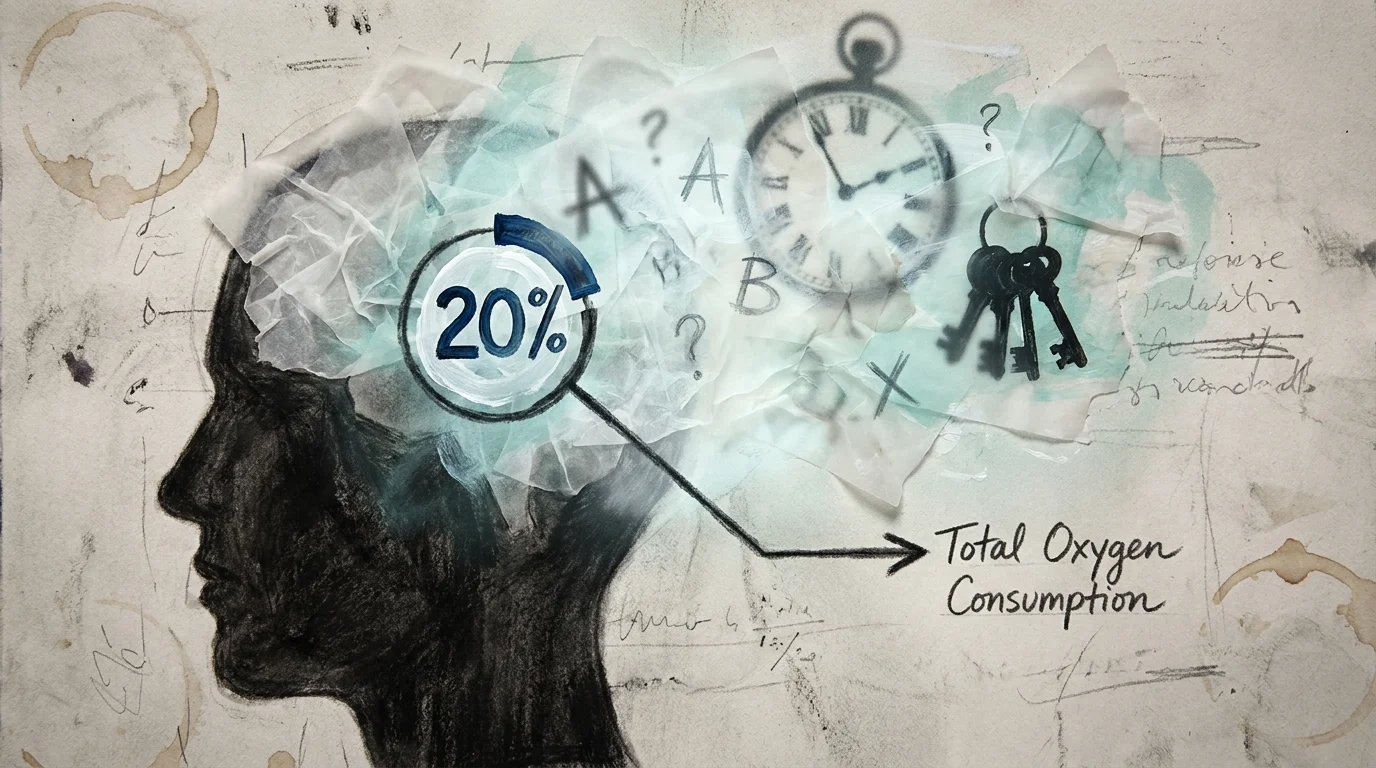 An abstract illustration of a head dissolving into fog, featuring the number 20% to represent the brain's high oxygen demand.