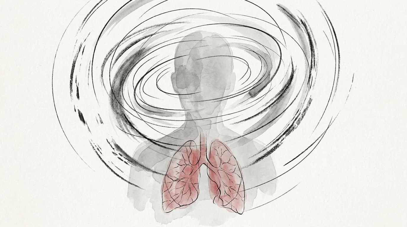 An abstract illustration of a person with swirling lines around their head and cracked-glass lungs, symbolizing dizziness.