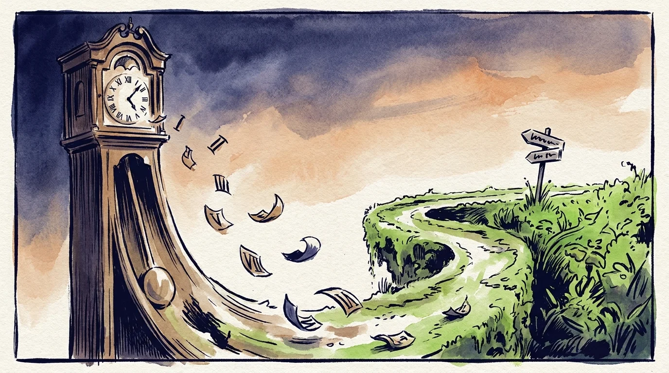 An abstract illustration where a clock face dissolves into a winding path, symbolizing confusion with time and location.