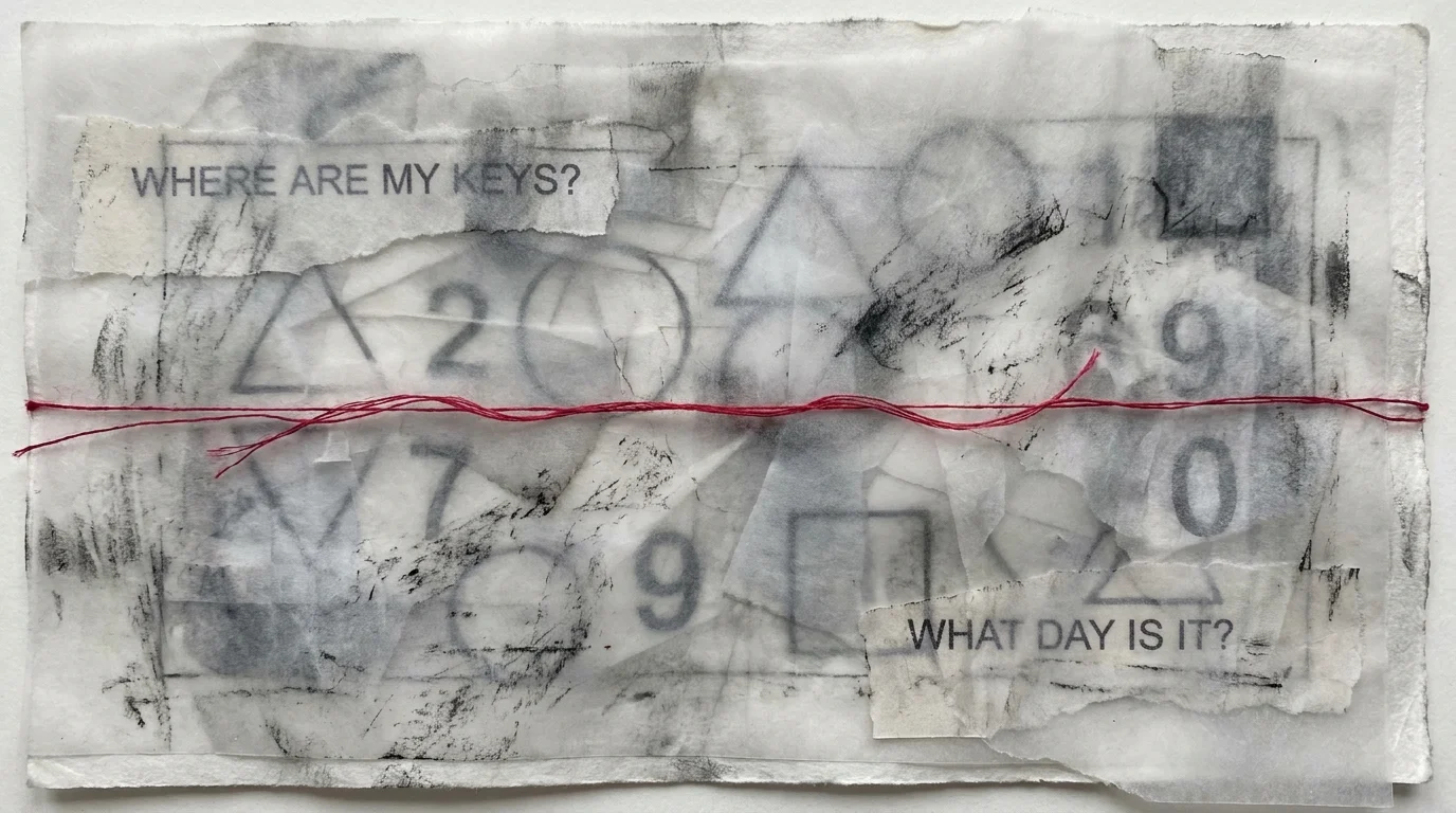 An abstract mixed media artwork with layers of foggy paper obscuring shapes and text to represent brain fog.