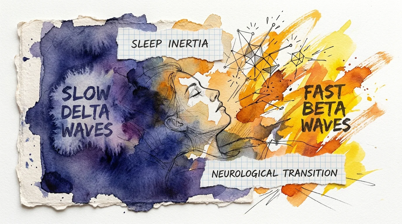 An abstract mixed media piece showing the transition from dark sleep waves to bright, energetic wakeful waves.