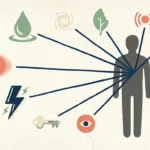 An abstract screenprint illustration showing a human silhouette with eight radiating icons representing blood sugar symptoms.