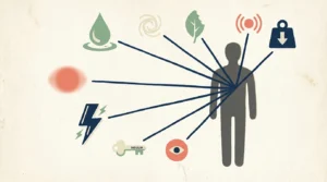 An abstract screenprint illustration showing a human silhouette with eight radiating icons representing blood sugar symptoms.