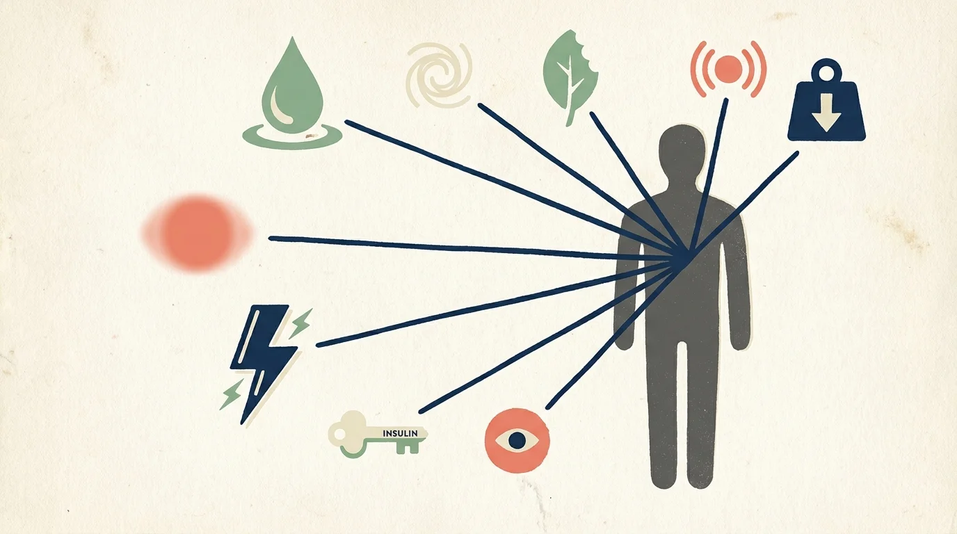 An abstract screenprint illustration showing a human silhouette with eight radiating icons representing blood sugar symptoms.