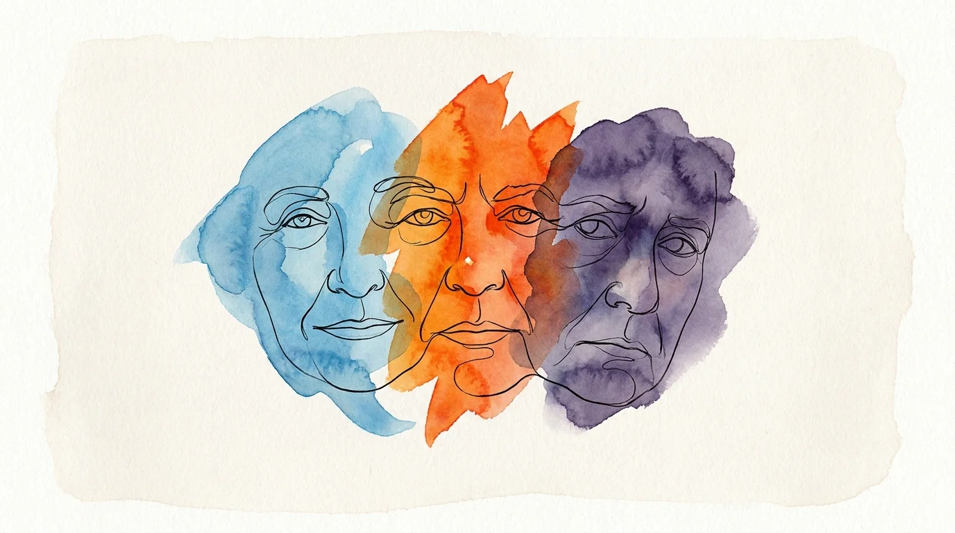 An abstract watercolor portrait showing a face composed of overlapping, different colored washes to represent mood changes.