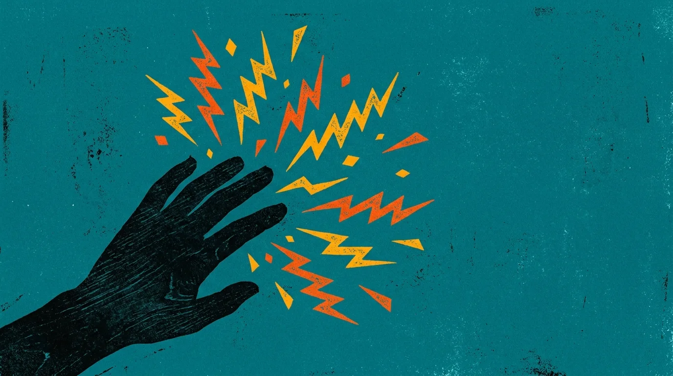 An abstract woodcut illustration of a hand silhouette with vibrating orange lines radiating from the fingertips.