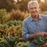 An active senior man in a sunlit garden holding a basket of fresh vegetables, representing health and vitality.
