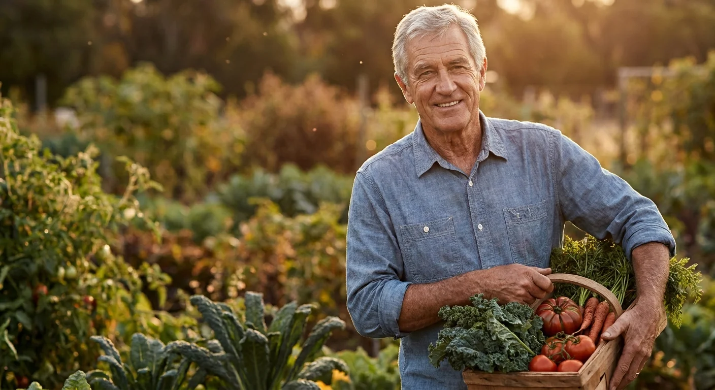 An active senior man in a sunlit garden holding a basket of fresh vegetables, representing health and vitality.