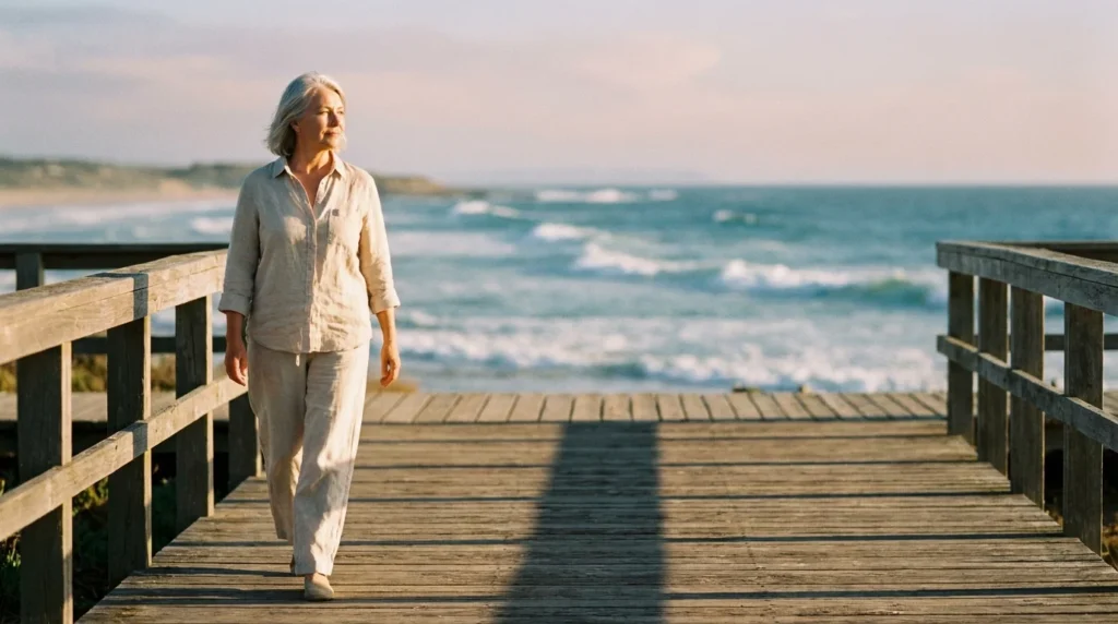 An active senior woman walks confidently along a sunlit wooden boardwalk by the ocean during sunset.