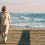 An active senior woman walks confidently along a sunlit wooden boardwalk by the ocean during sunset.
