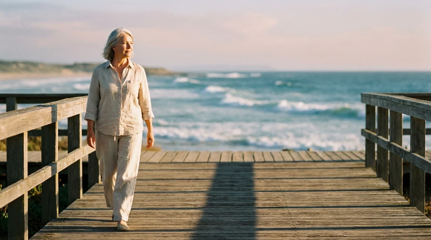 An active senior woman walks confidently along a sunlit wooden boardwalk by the ocean during sunset.
