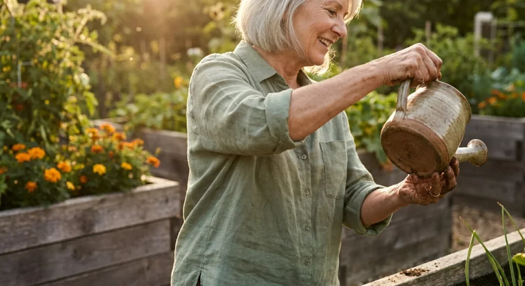 An active woman in her 60s gardening in golden light, symbolizing physical vitality and the preservation of health.