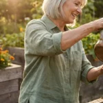 An active woman in her 60s gardening in golden light, symbolizing physical vitality and the preservation of health.