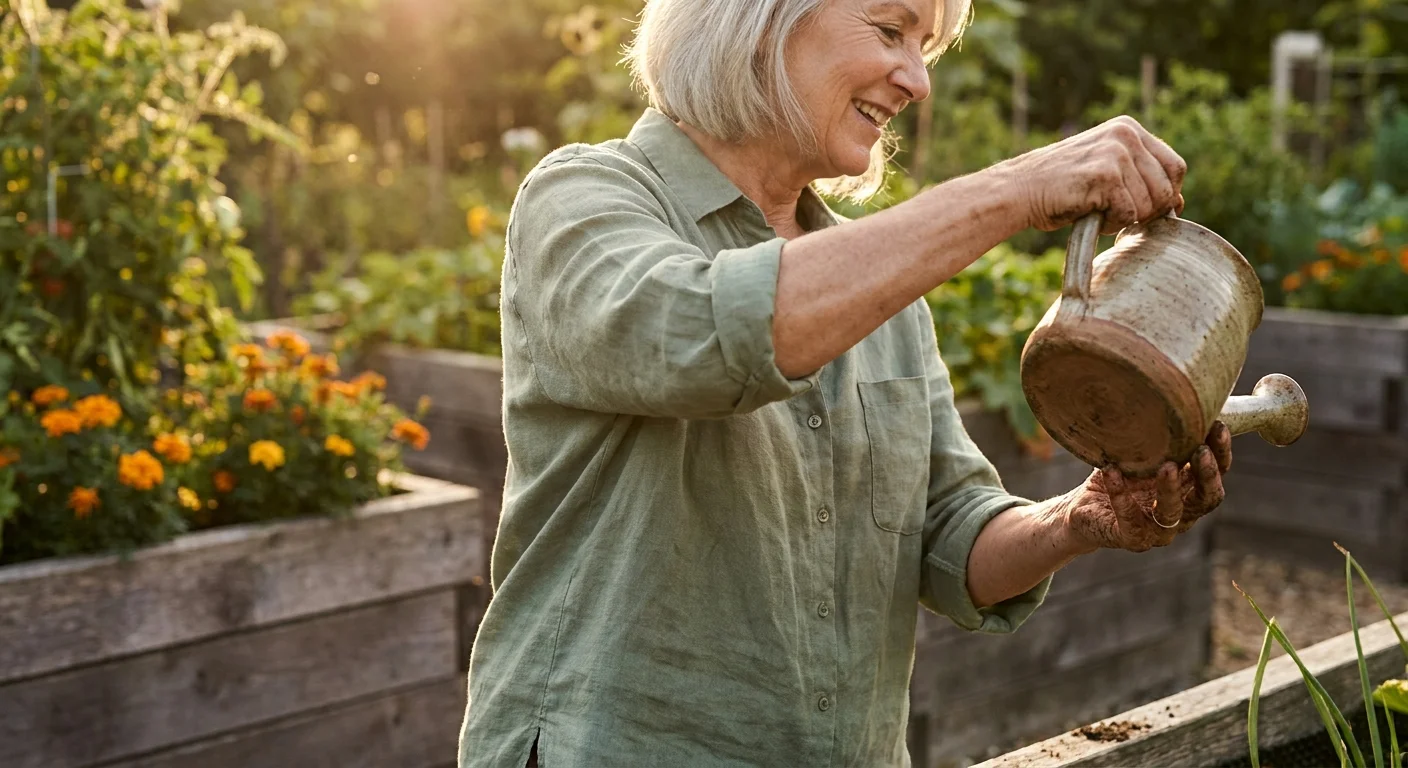 An active woman in her 60s gardening in golden light, symbolizing physical vitality and the preservation of health.