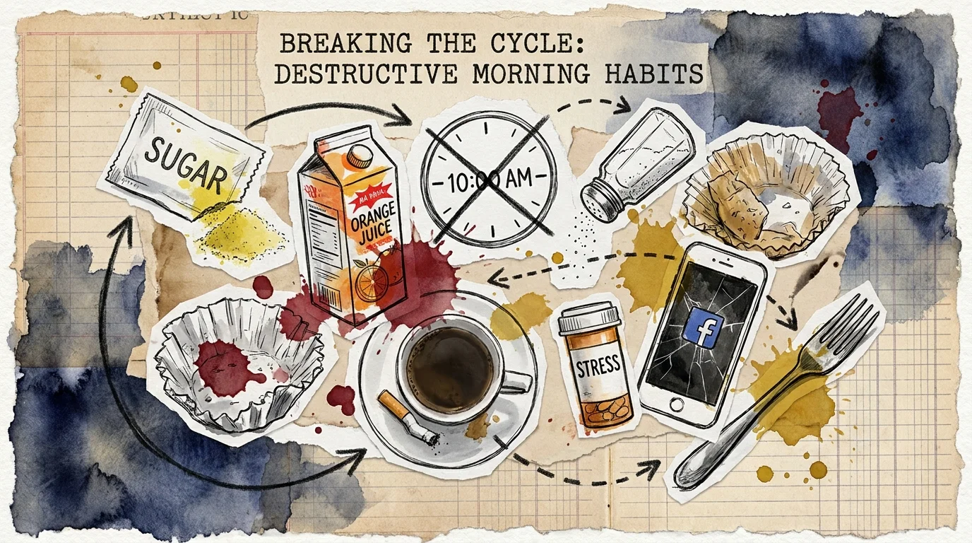 An artistic collage of breakfast elements like sugar packets and juice cartons, symbolizing destructive morning habits.