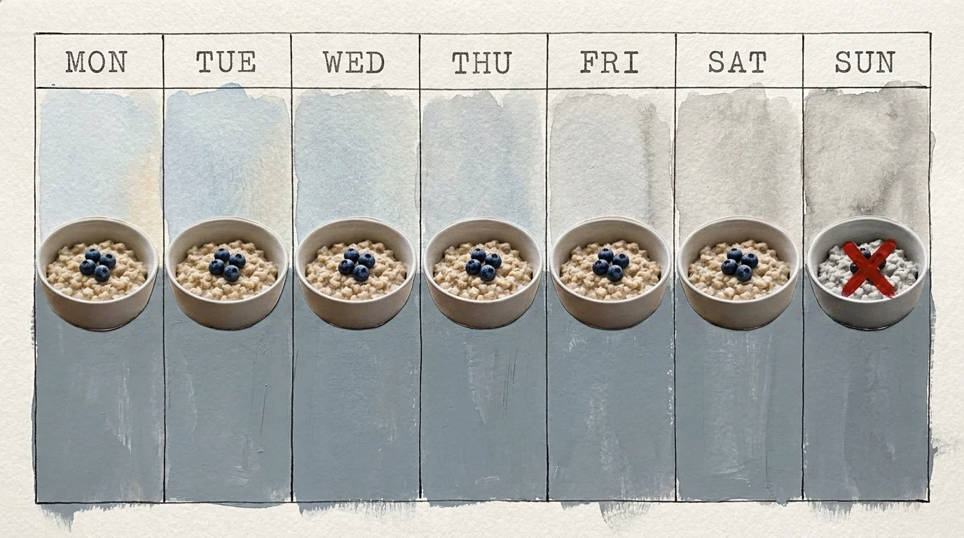 An artistic grid showing the same bowl of oatmeal for every day of the week, symbolizing a lack of nutritional variety.