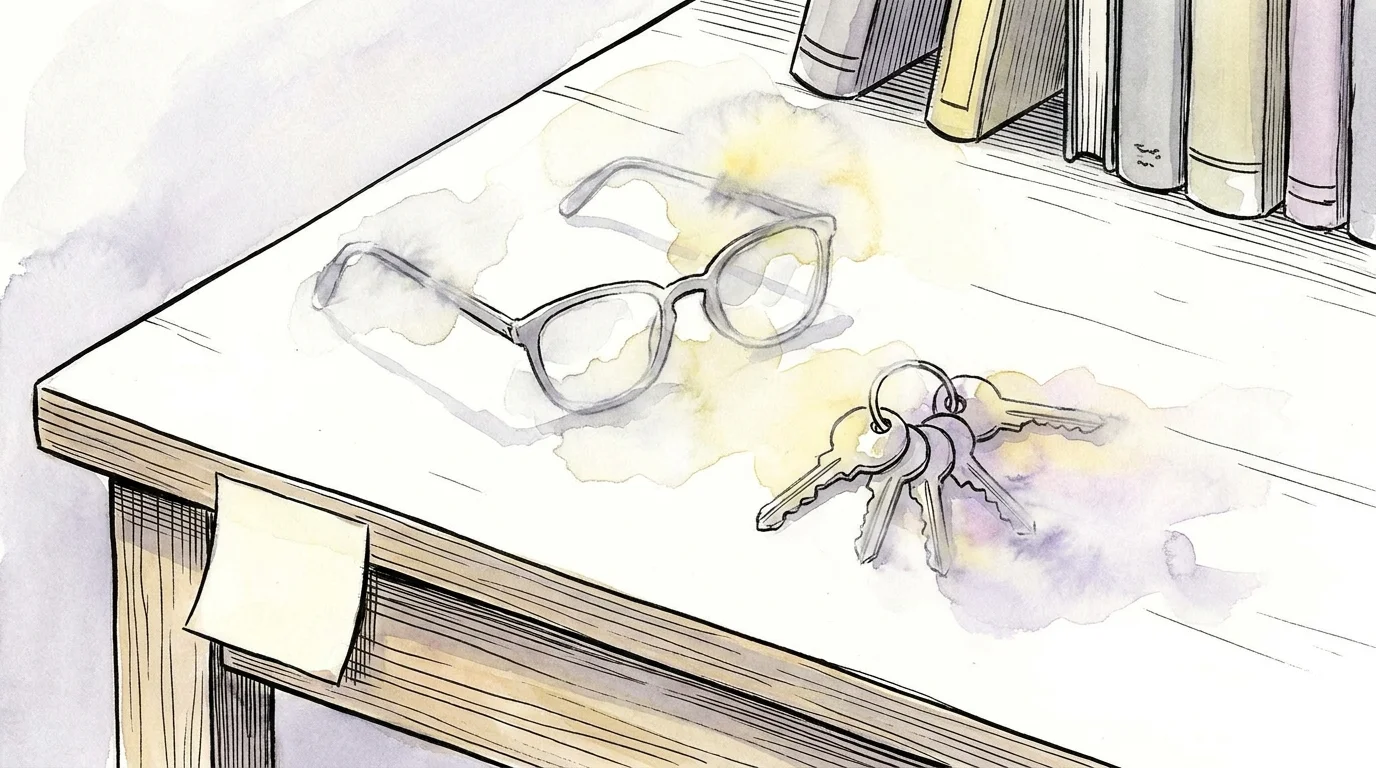 An artistic illustration of keys and glasses on a desk with a hazy, fading effect to represent memory loss.