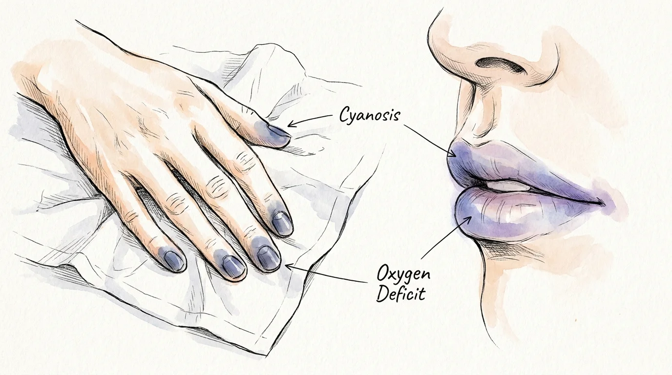 An artistic illustration showing a subtle blue tint in the fingernails and lips, labeled as signs of an oxygen deficit.