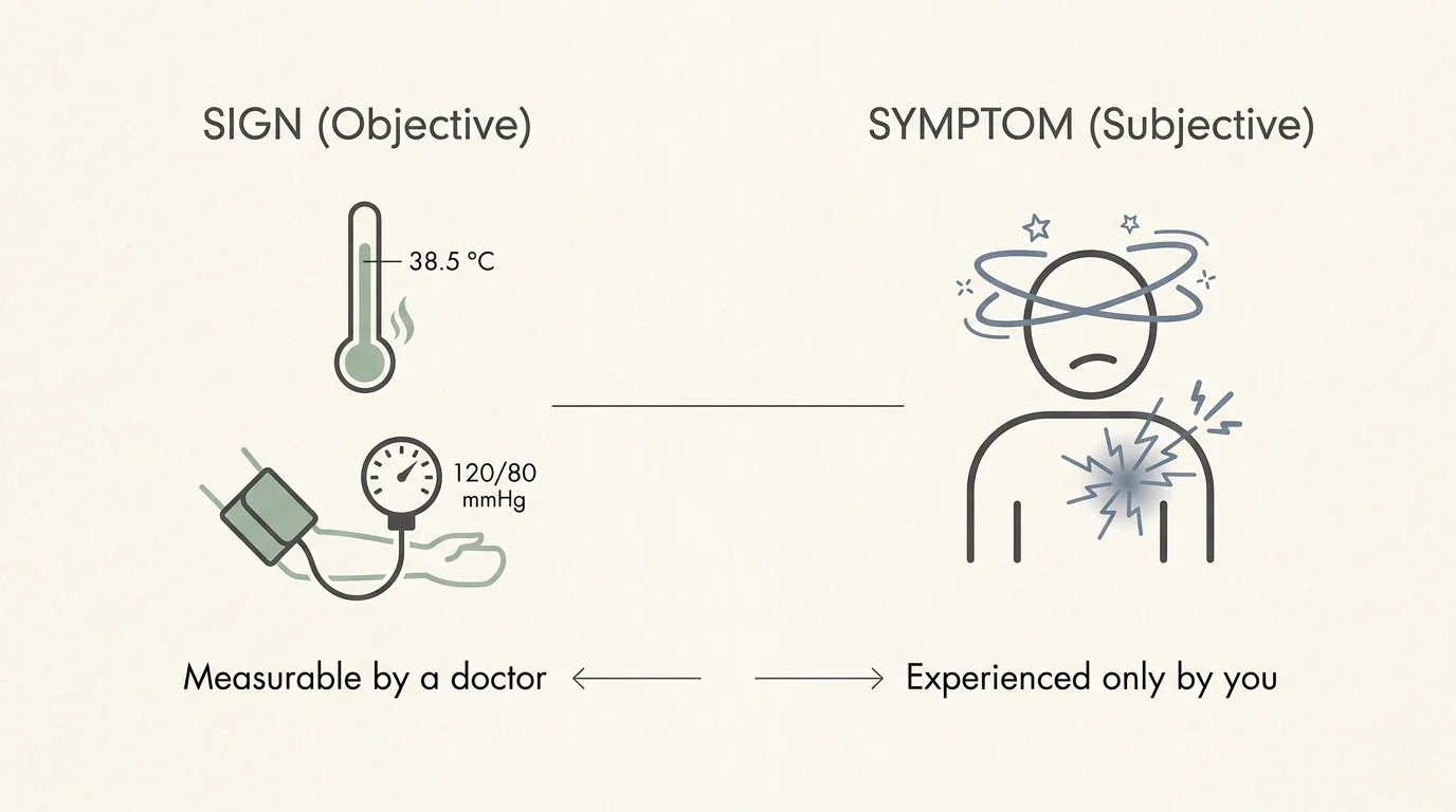 An editorial diagram explaining the difference between objective medical signs and subjective patient symptoms.