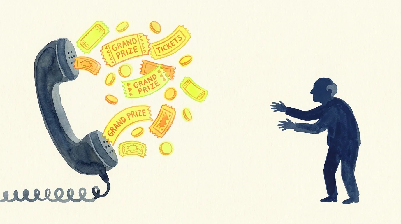 An illustration of a senior man reaching for falling 'prizes' coming out of a telephone, representing poor judgment.