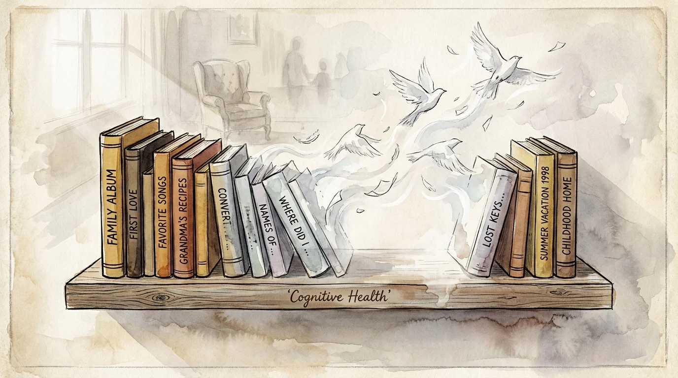 An illustration of books on a shelf fading and turning into birds, symbolizing memory lapses and cognitive decline.