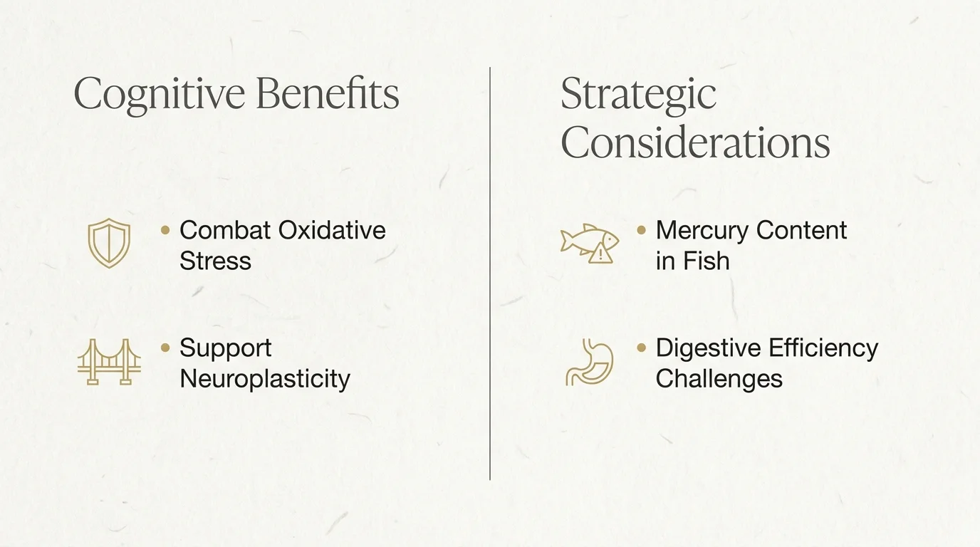 An infographic listing the cognitive benefits versus the considerations for memory-boosting foods.