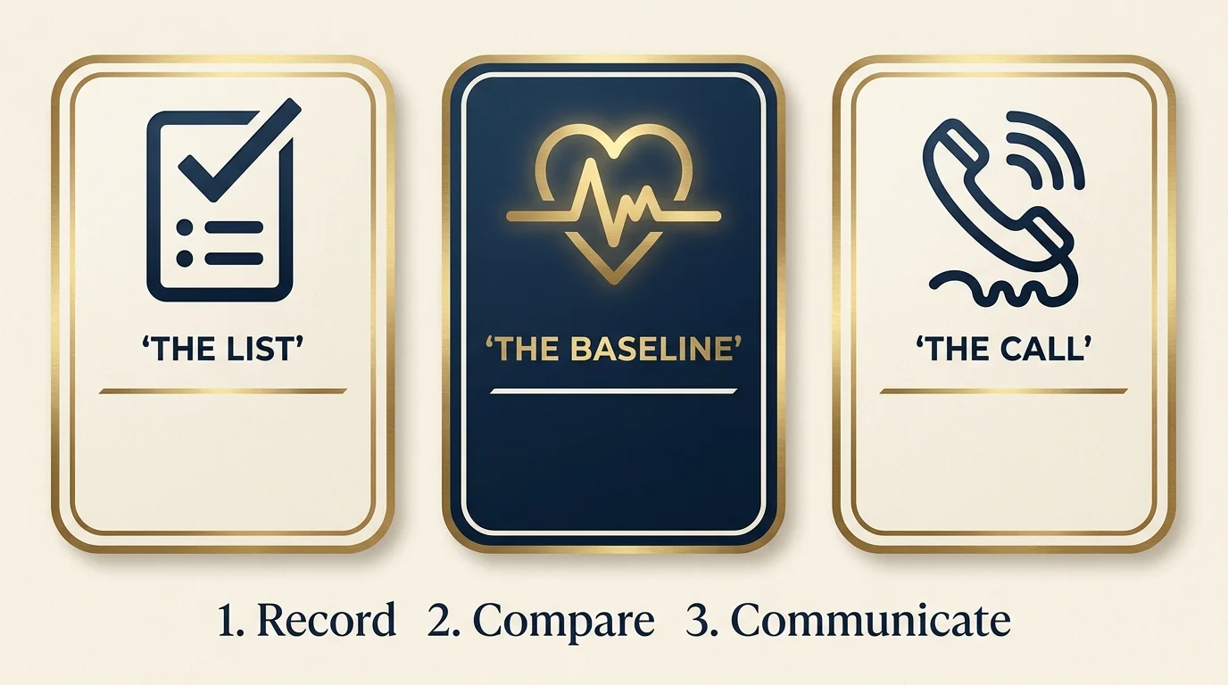 An infographic showing three steps: making a list, knowing your baseline, and calling your doctor.