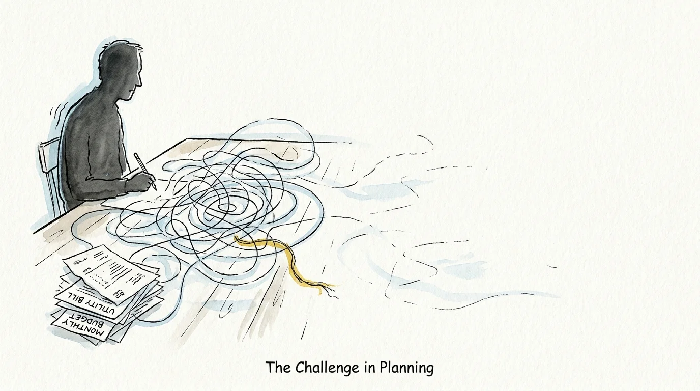 An ink and watercolor drawing of a man looking at a tangled knot of lines rising from his bills and budget papers.