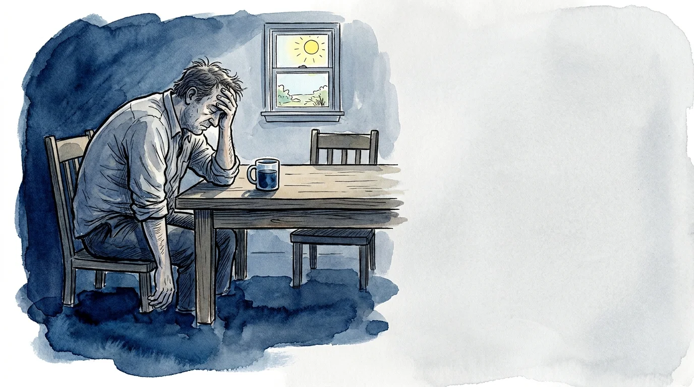 An ink and watercolor illustration of a slumped, tired man at a table, symbolizing the heavy fatigue of B12 deficiency.
