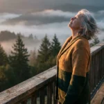 An older adult standing on a wooden deck at sunrise, taking a deep breath of fresh air while looking out over a misty mountain valley.