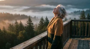 An older adult standing on a wooden deck at sunrise, taking a deep breath of fresh air while looking out over a misty mountain valley.