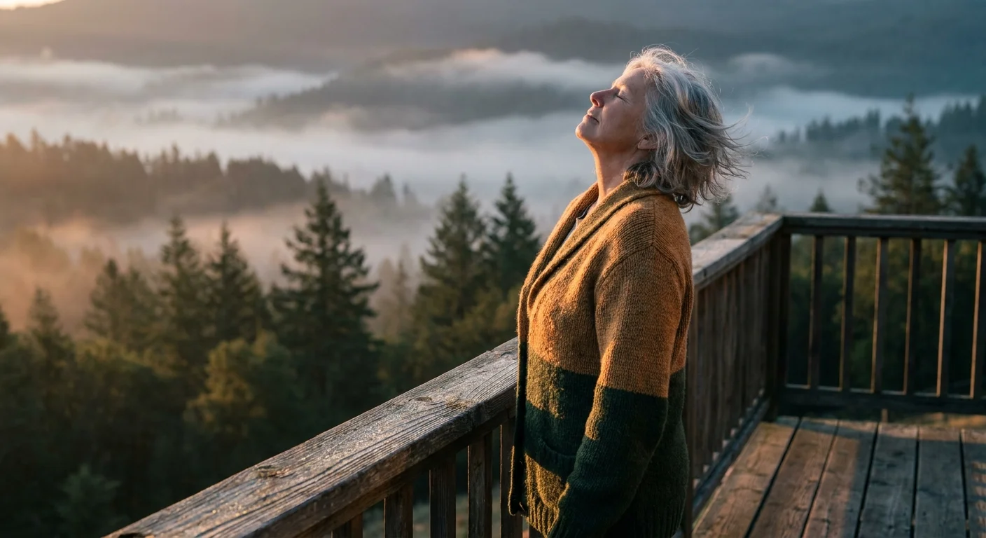 An older adult standing on a wooden deck at sunrise, taking a deep breath of fresh air while looking out over a misty mountain valley.