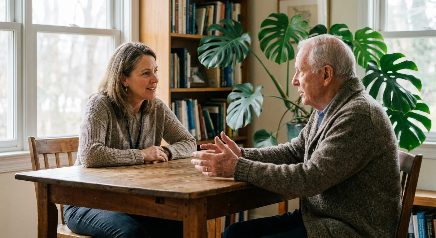 An older man having a focused and calm conversation with a healthcare professional in a comfortable room.