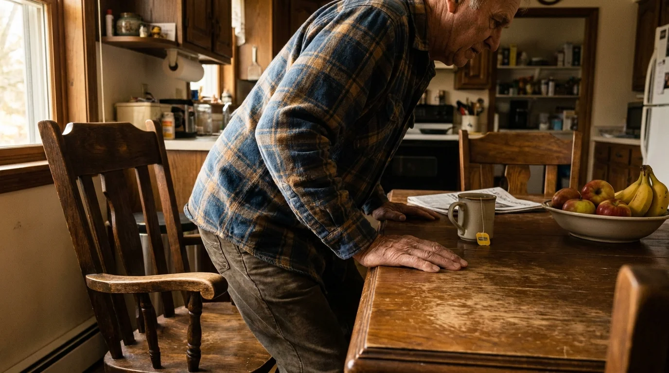 An older man uses a kitchen table for support while standing up from a wooden chair.