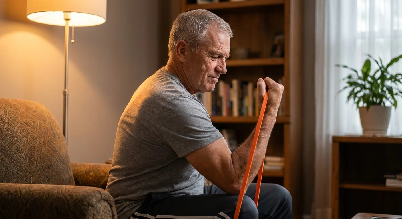 An older man using a resistance band in his living room, demonstrating home-based strength training.