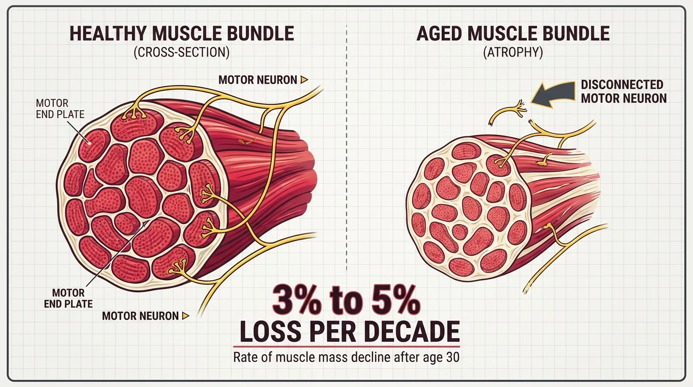 Anatomical diagram comparing healthy muscle fibers to those experiencing sarcopenia, with a label showing a 3-5% loss rate.